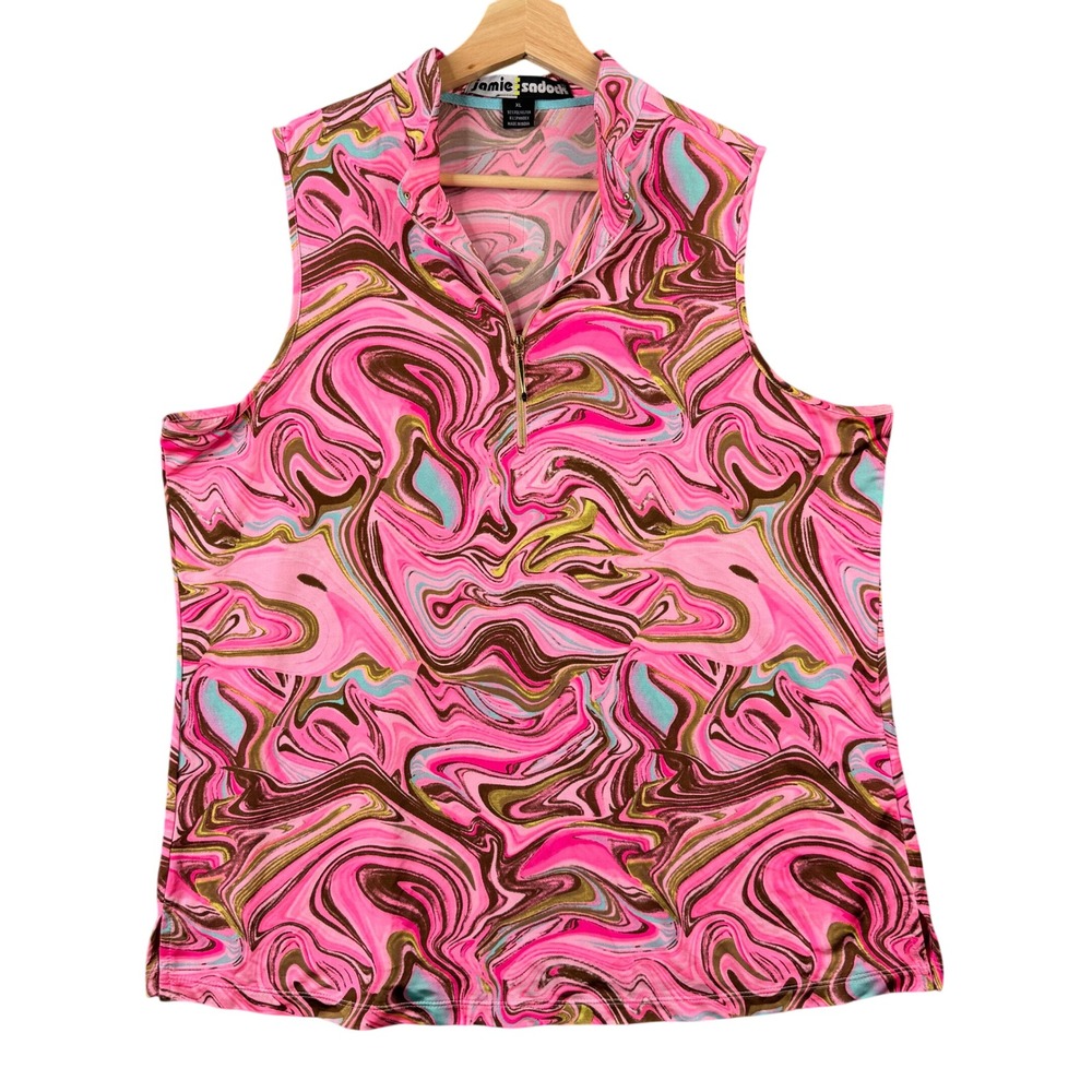 Jamie Sadock Womens XL Pink Marble Swirl Sleeveless Quarter Zip Golf Polo Shirt